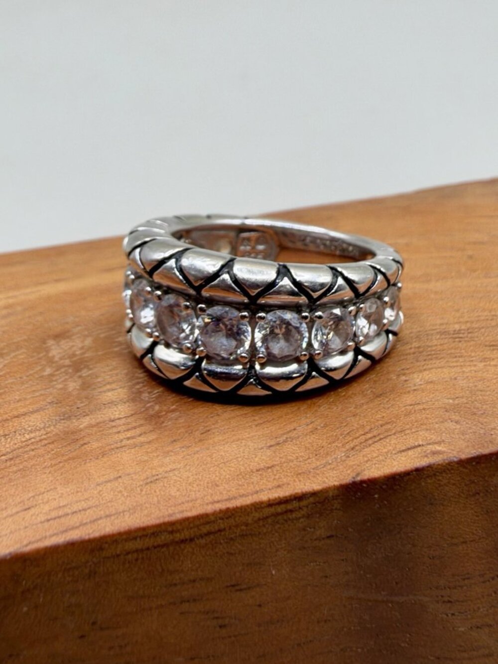 Vintage 925 Sterling Silver Wide Band Ring Clear Rhinestone Chunky Cocktail